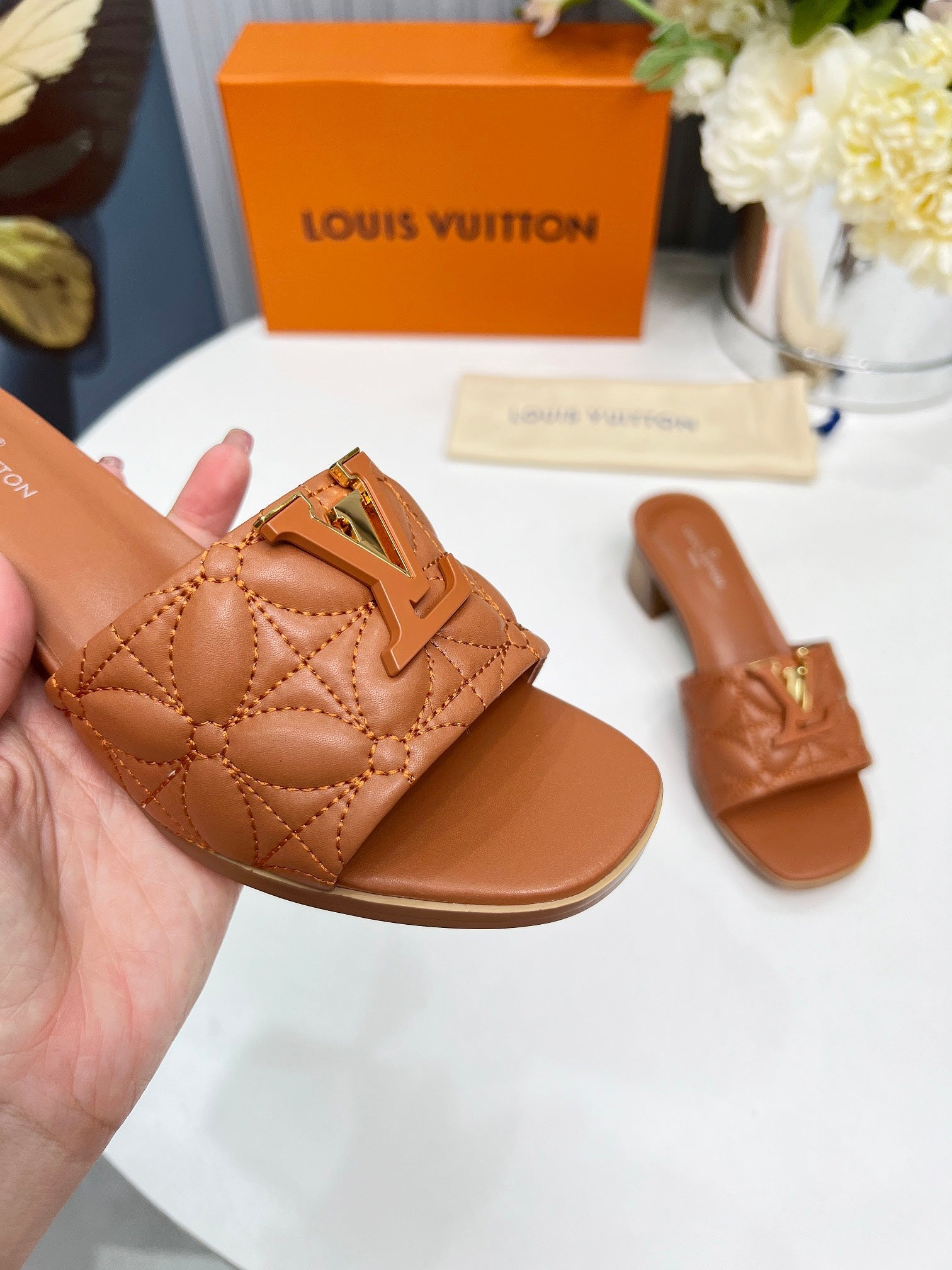 LV 26S MARE HIGH-HEELED MULE SANDALS IN BROWN CALFSKIN