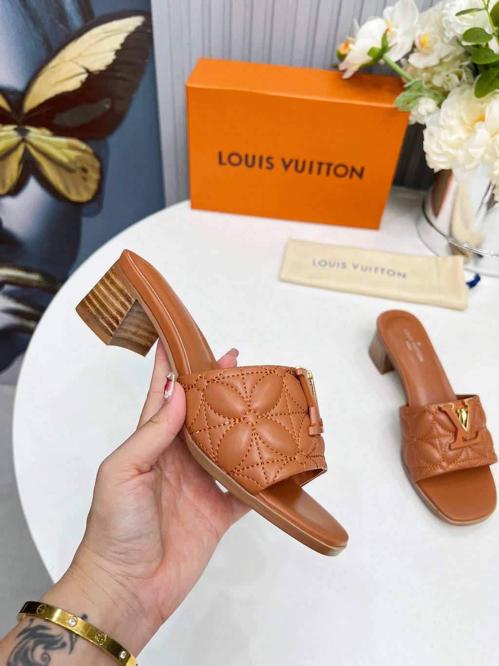 LV 26S MARE HIGH-HEELED MULE SANDALS IN BROWN CALFSKIN