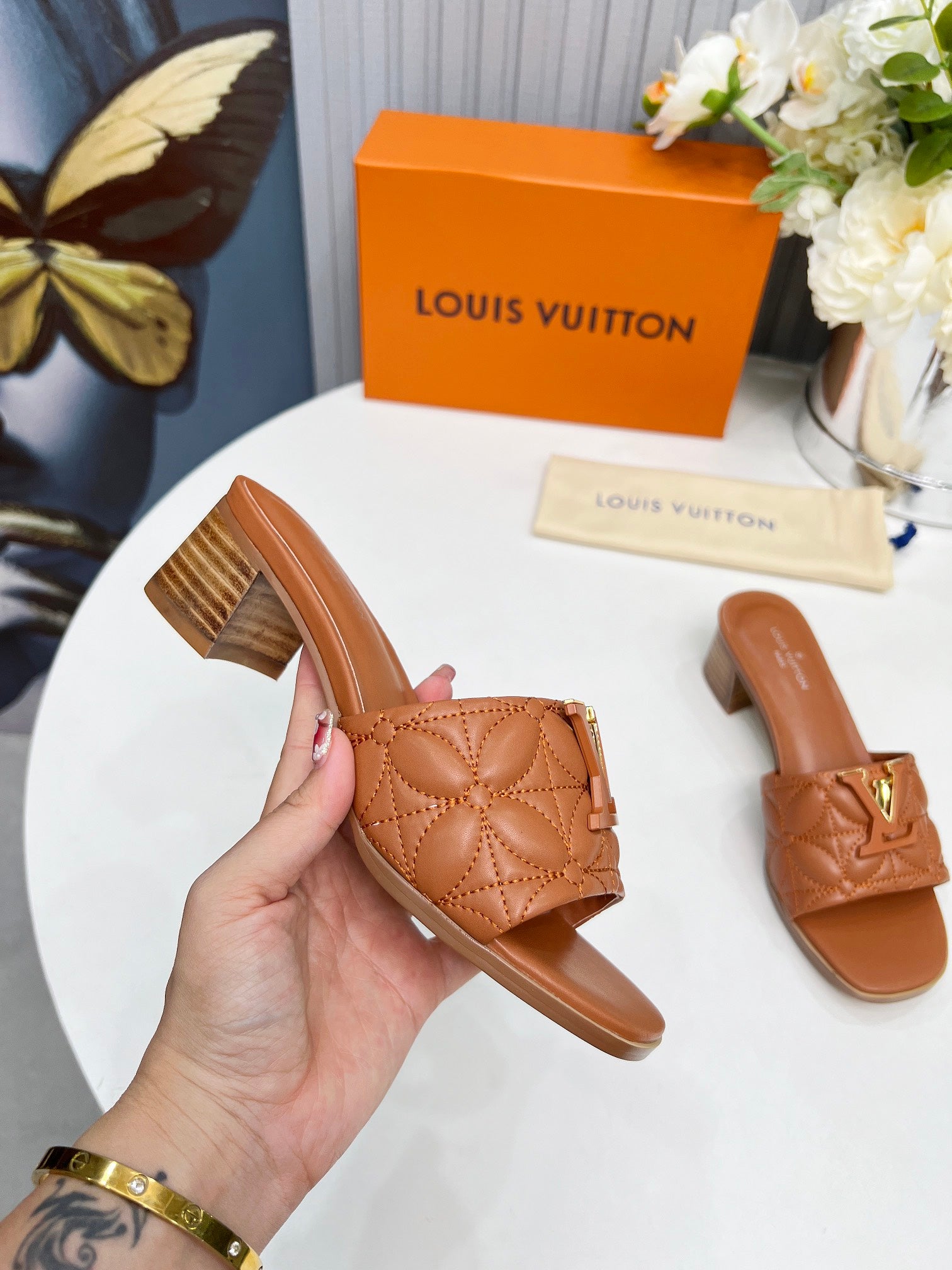 LV 26S MARE HIGH-HEELED MULE SANDALS IN BROWN CALFSKIN