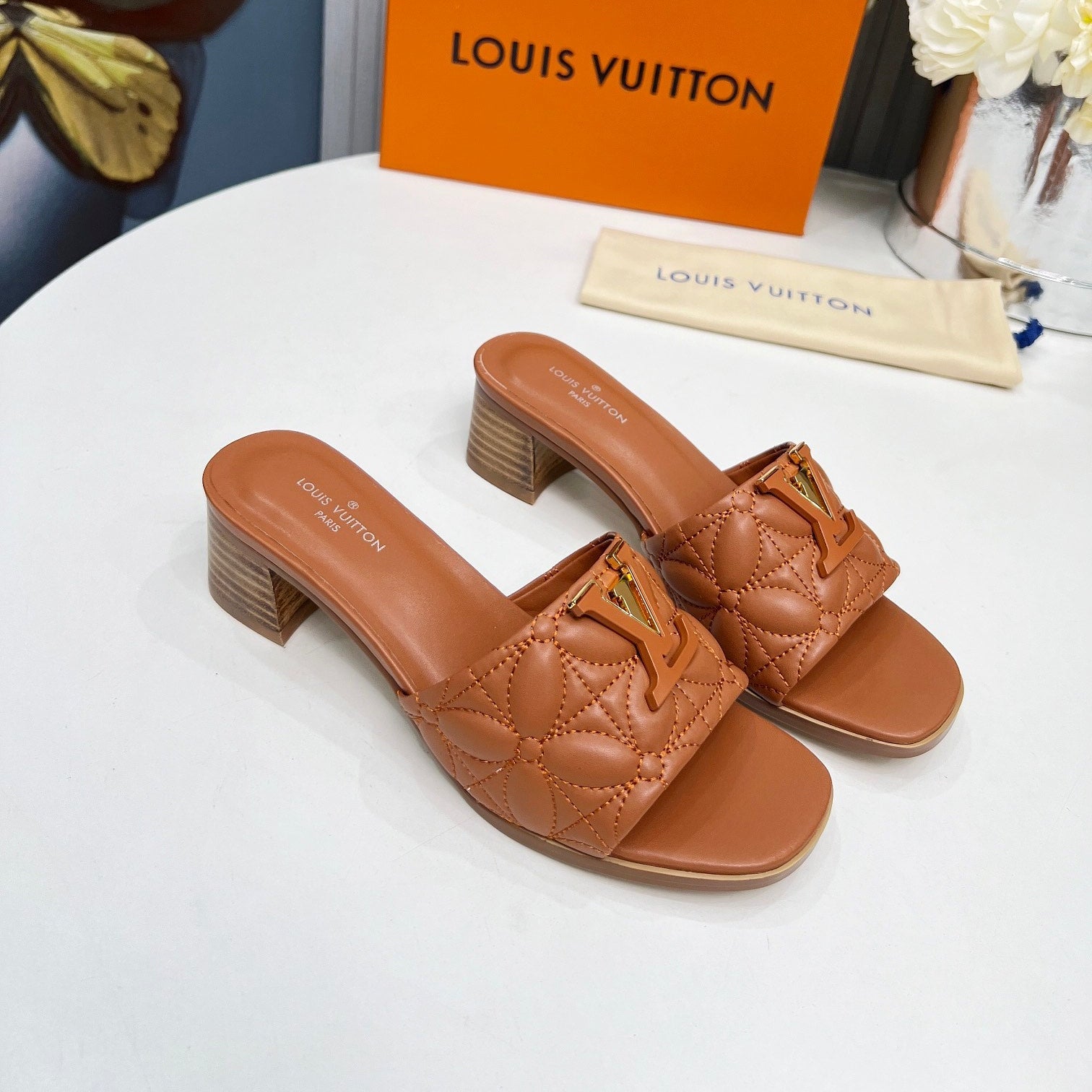 LV 26S MARE HIGH-HEELED MULE SANDALS IN BROWN CALFSKIN