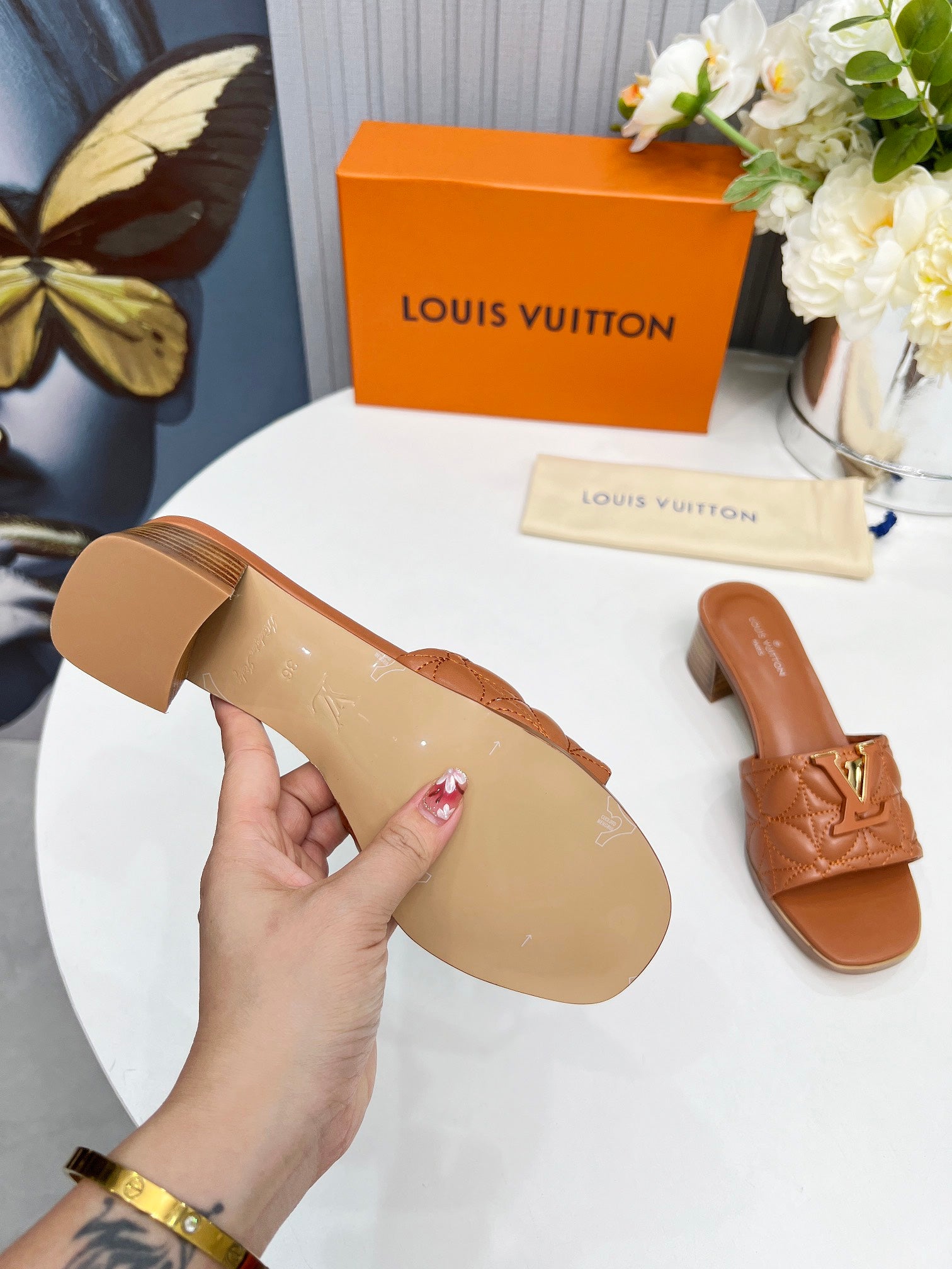 LV 26S MARE HIGH-HEELED MULE SANDALS IN BROWN CALFSKIN