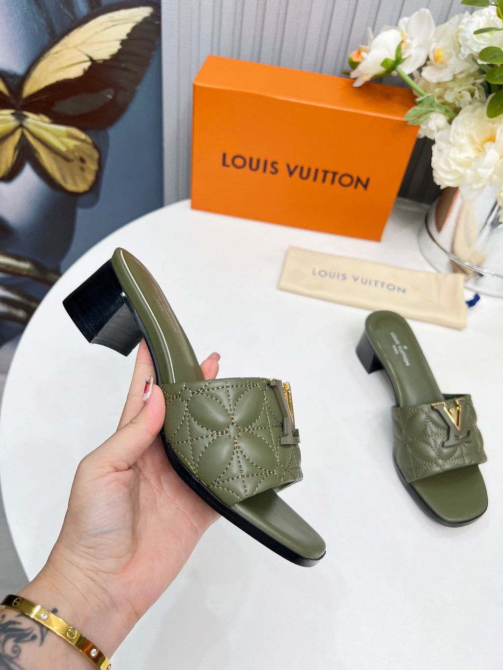 LV 26S MARE HIGH-HEELED MULE SANDALS IN MOSS GREEN CALFSKIN