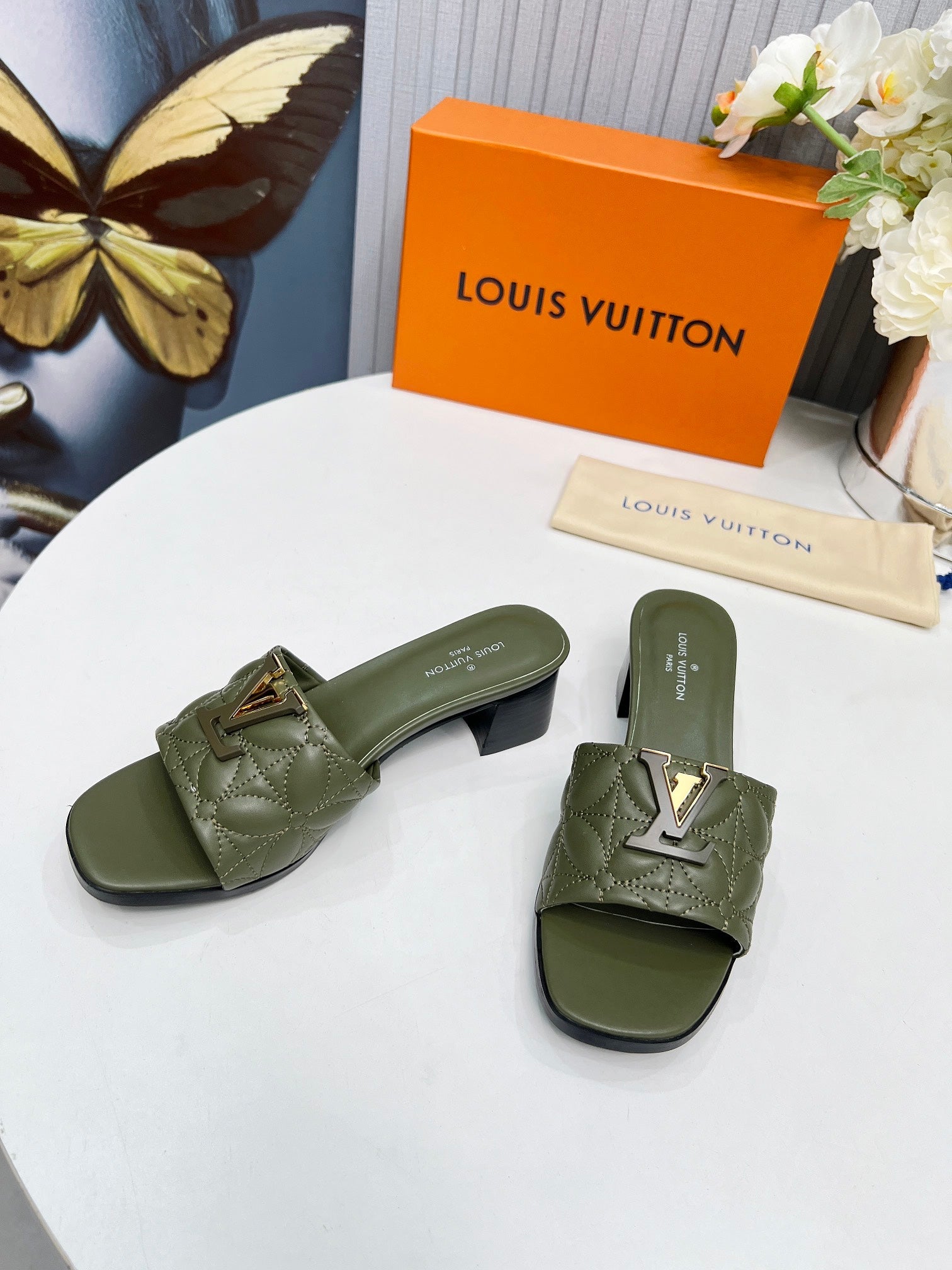 LV 26S MARE HIGH-HEELED MULE SANDALS IN MOSS GREEN CALFSKIN