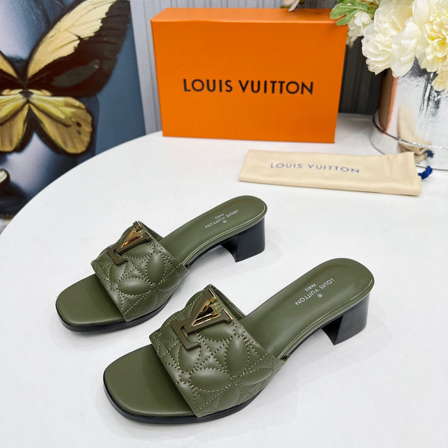 LV 26S MARE HIGH-HEELED MULE SANDALS IN MOSS GREEN CALFSKIN