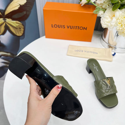LV 26S MARE HIGH-HEELED MULE SANDALS IN MOSS GREEN CALFSKIN