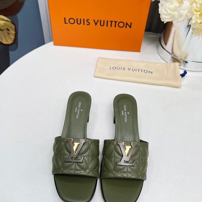 LV 26S MARE HIGH-HEELED MULE SANDALS IN MOSS GREEN CALFSKIN