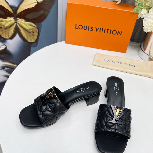 LV 26S MARE HIGH-HEELED MULE SANDALS IN BLACK CALFSKIN