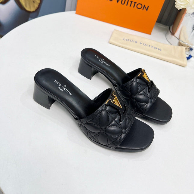 LV 26S MARE HIGH-HEELED MULE SANDALS IN BLACK CALFSKIN