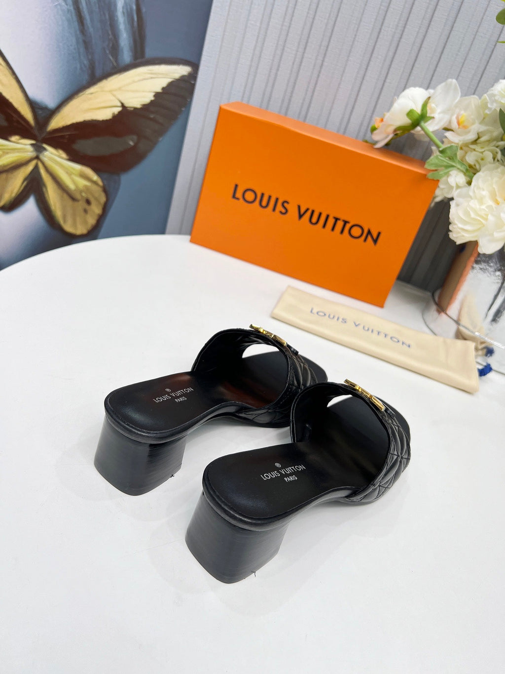 LV 26S MARE HIGH-HEELED MULE SANDALS IN BLACK CALFSKIN