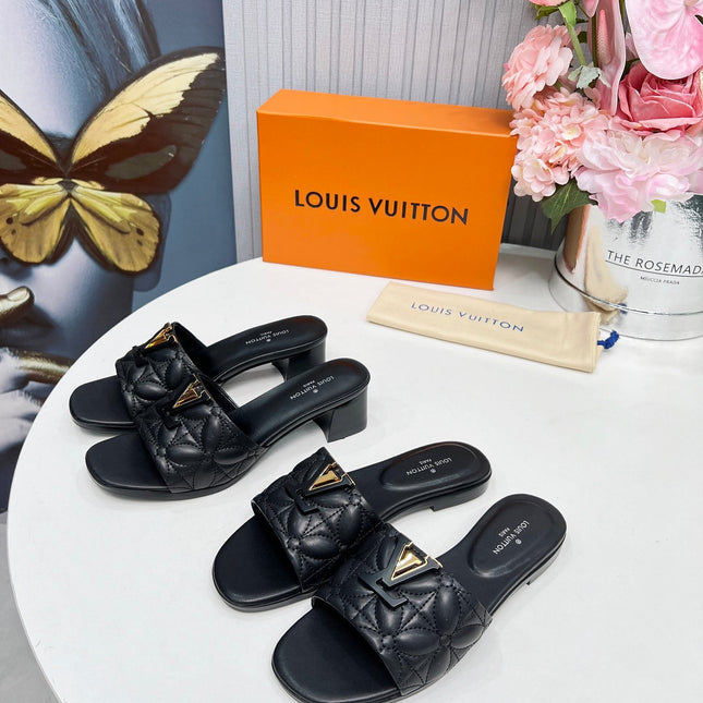 LV 26S MARE HIGH-HEELED MULE SANDALS IN BLACK CALFSKIN
