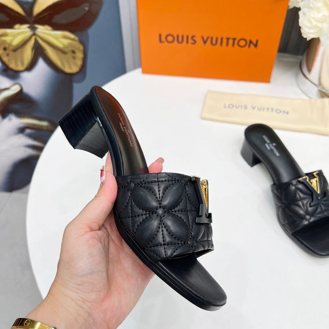 LV 26S MARE HIGH-HEELED MULE SANDALS IN BLACK CALFSKIN