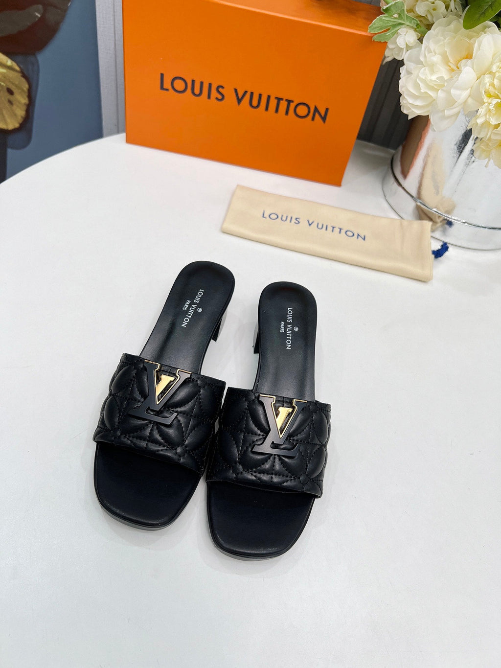 LV 26S MARE HIGH-HEELED MULE SANDALS IN BLACK CALFSKIN