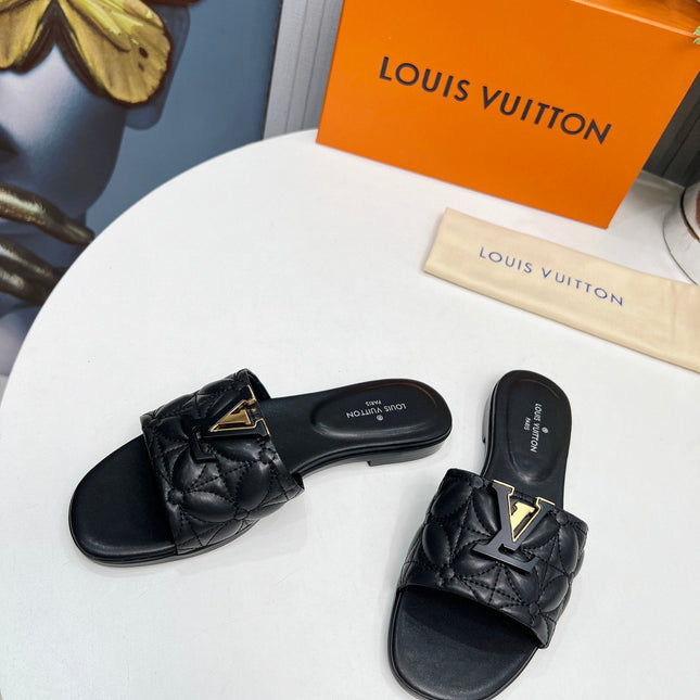 LV 26S MARE FLAT MULES IN BLACK CALFSKIN