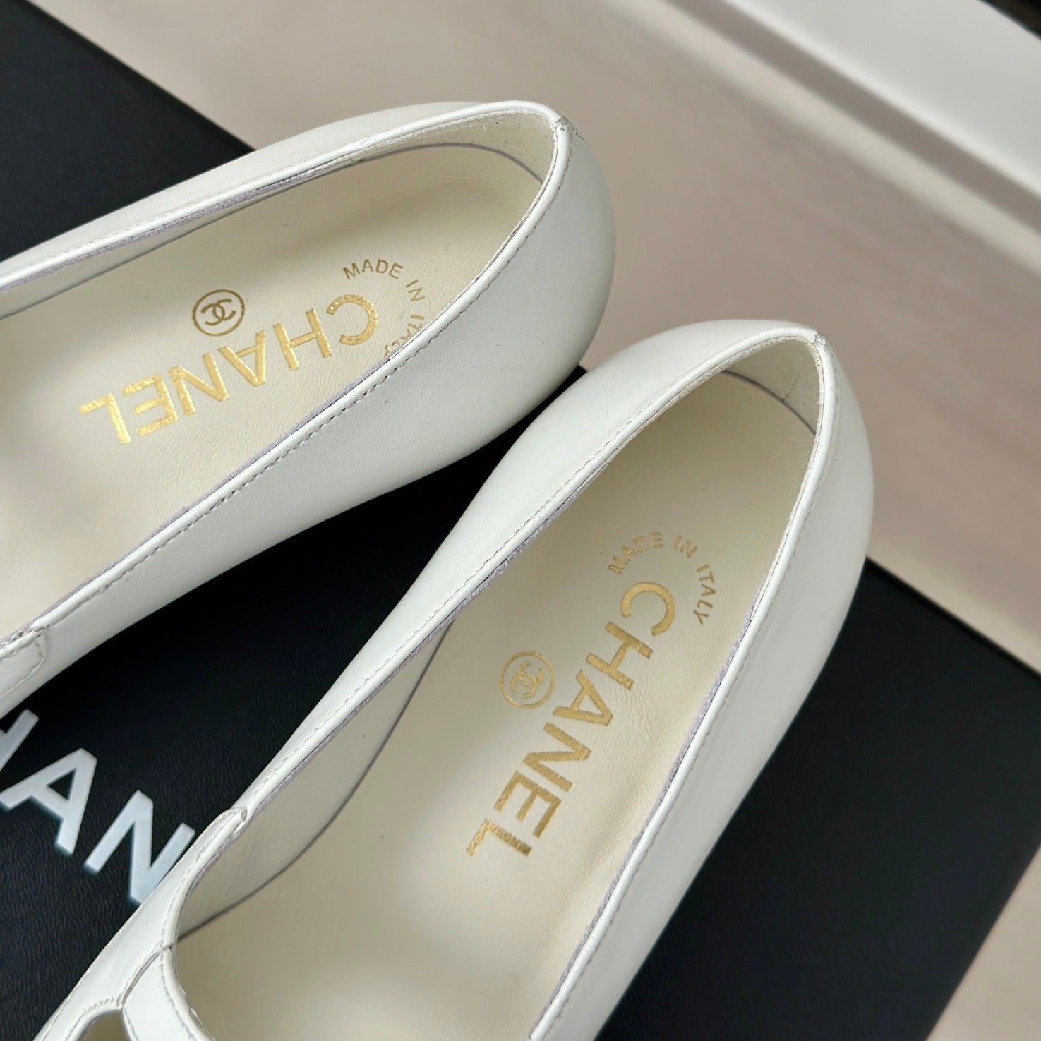 Double C Milan Runway Pointed Toe Mary Jane Shoes White Black Lambskin