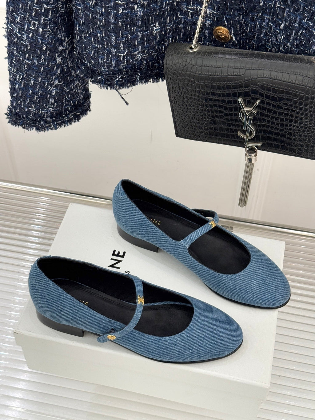 CELINE 26S MARY JANE SHOES IN BLUE DENIM