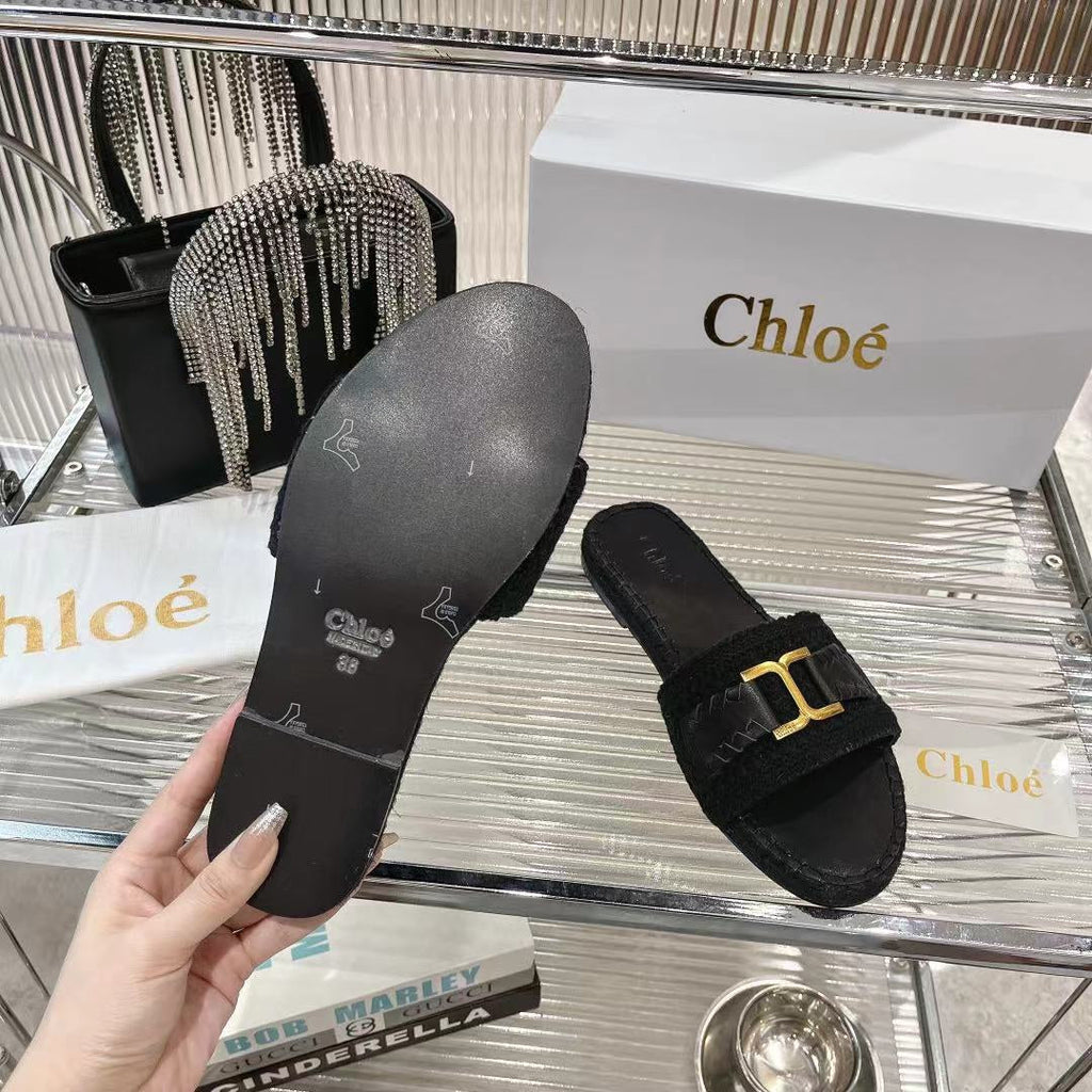 WOVEN SLIPPER IN BLACK WOOL AND LAMBSKIN GOLD HARDWARE