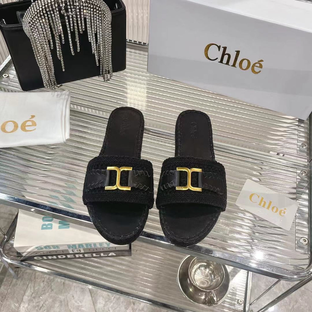 WOVEN SLIPPER IN BLACK WOOL AND LAMBSKIN GOLD HARDWARE