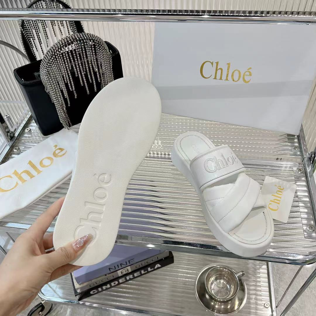MILA FLAT SLIDES 5 CM IN WHITE CALFSKIN AND RE-NYLON
