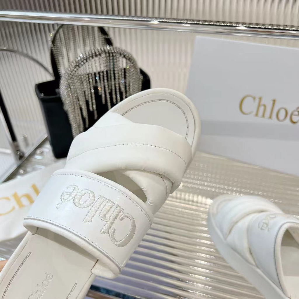 MILA FLAT SLIDES 5 CM IN WHITE CALFSKIN AND RE-NYLON