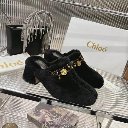 CHLOÉ 26S HIGH-HEELED MULES IN BLACK WOOL