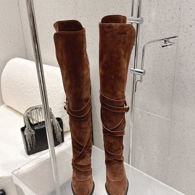 YSL 26S JANIS KNEE-HIGH BOOTS 90 MM IN BROWN SUEDE