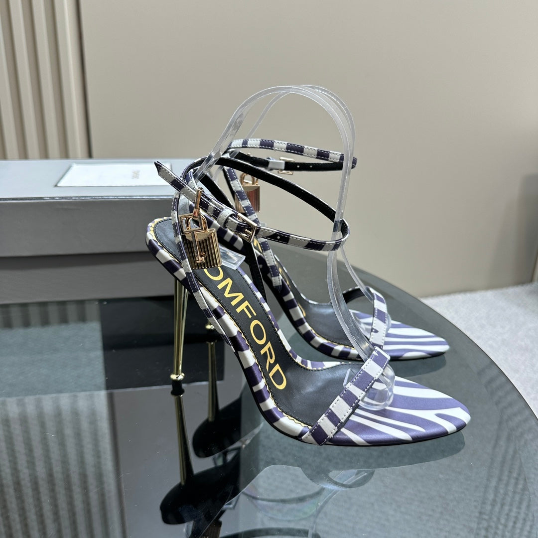 PADLOCK POINTY NAKED SANDAL 10 CM IN WHITE MIX IRIS PURPLE CALFSKIN