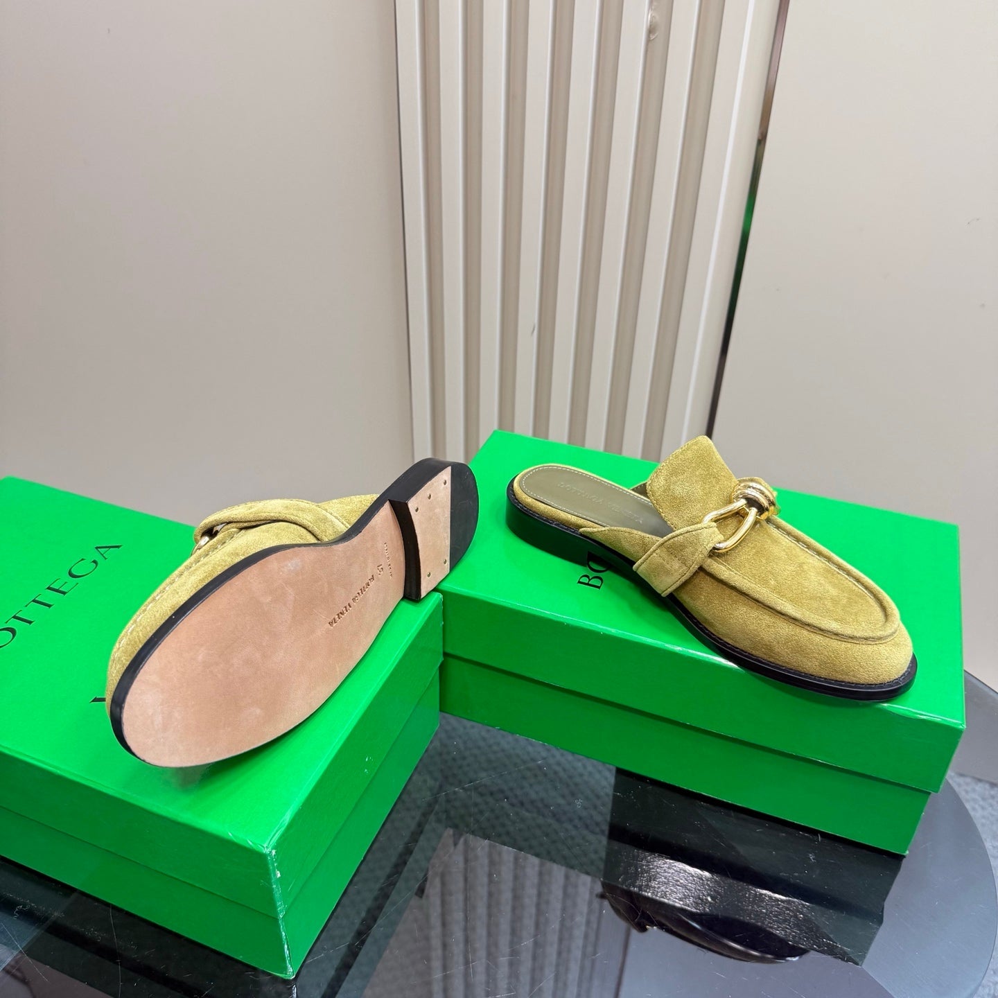 ASTAIRE MULE IN OLIVE GREEN SUEDE WITH GOLD HARDWARE