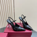 POINTED-TOE HIGH BAMBOO-EFFECT HEEL SLINGBACK IN BLACK PATENT CALFSKIN
