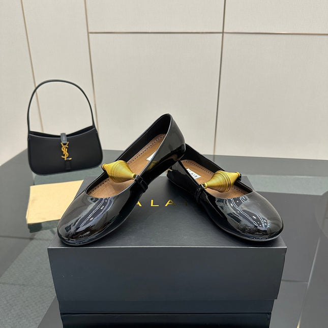 ALAIA BALLET SHOES 25S IN BLACK PATENT LEATHER WITH GOLD HARDWARE