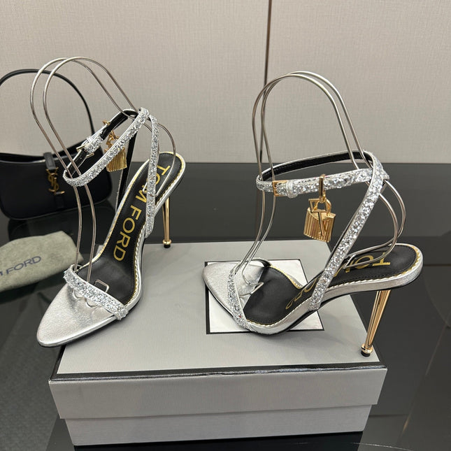 TOM FORD 26S HEELED SANDALS 100 MM IN SILVER CALFSKIN