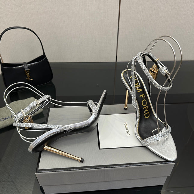 TOM FORD 26S HEELED SANDALS 100 MM IN SILVER CALFSKIN