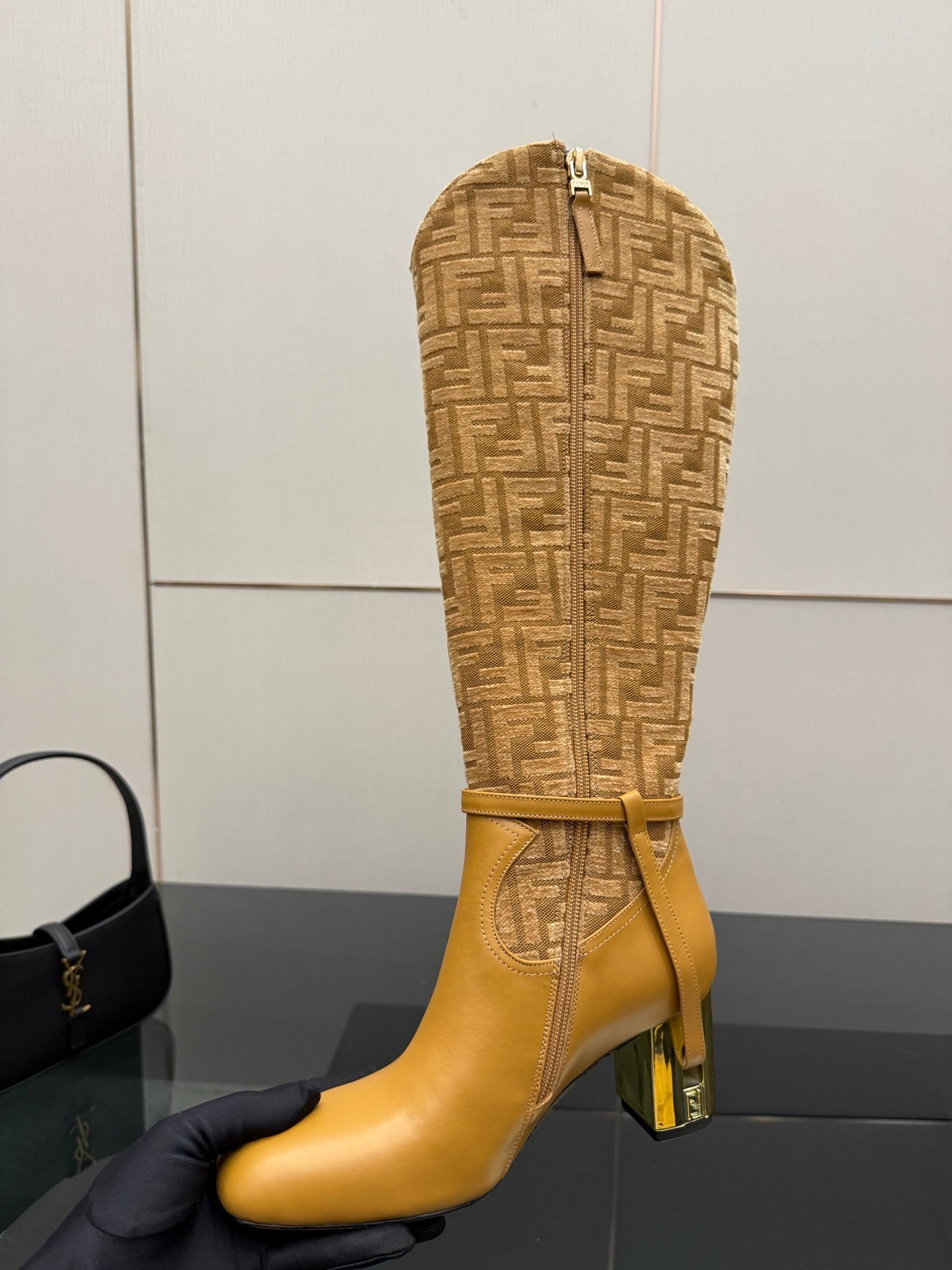 FENDI 25S KNEE-HIGH BOOTS 50 MM IN GOLDEN BROWN CALFSKIN AND FABRIC PRINT LOGO