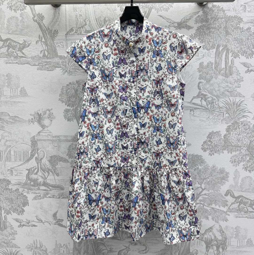 CD Short Dress White Cotton Muslin with Multicolor Motif