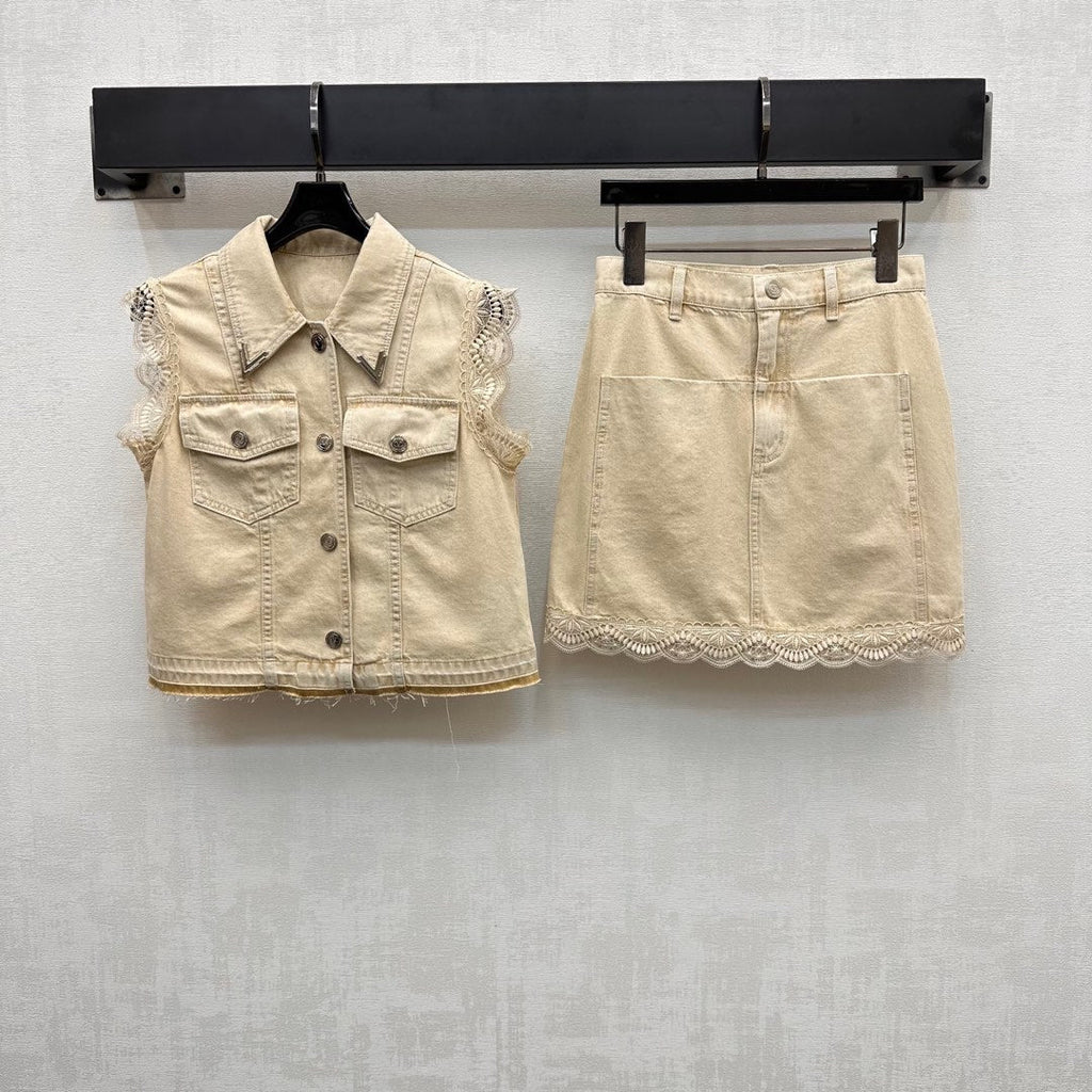 VLTN DENIM VEST SET WITH SLEEVELESS TOP AND LACE-TRIMMED MINI SKIRT