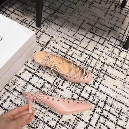 CHLOÉ 26S LACE-UP HEELS 60 MM IN NUDE PINK CALFSKIN