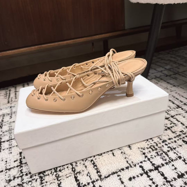 CHLOÉ 26S LACE-UP HEELS 60 MM IN NUDE BEIGE CALFSKIN
