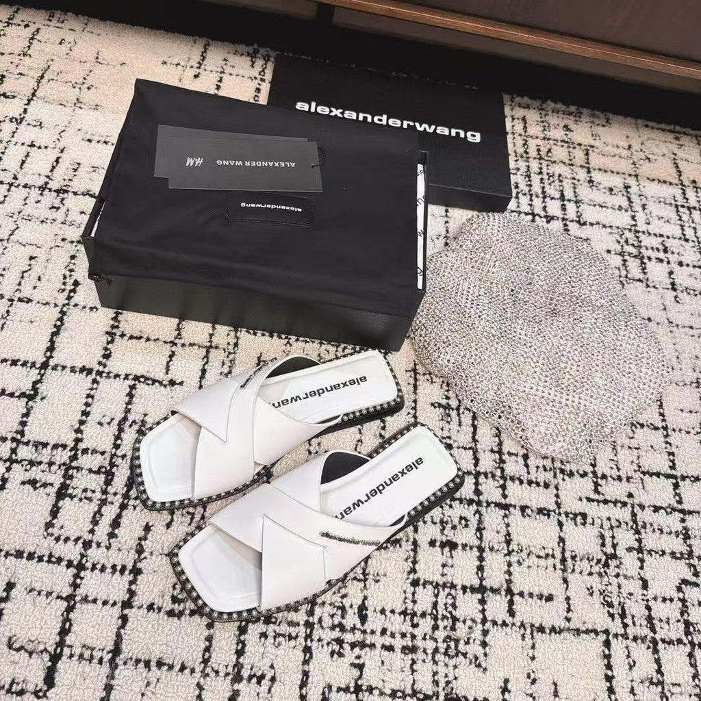 RHODES STUDDED SLIDE SANDAL IN WHITE CALFSKIN
