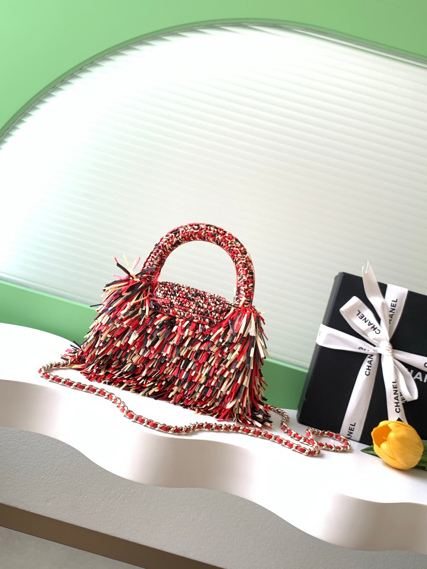CHANEL 26S SMALL FRINGE KELLY 19 IN RED MULTICOLOR RAFFIA WOOD