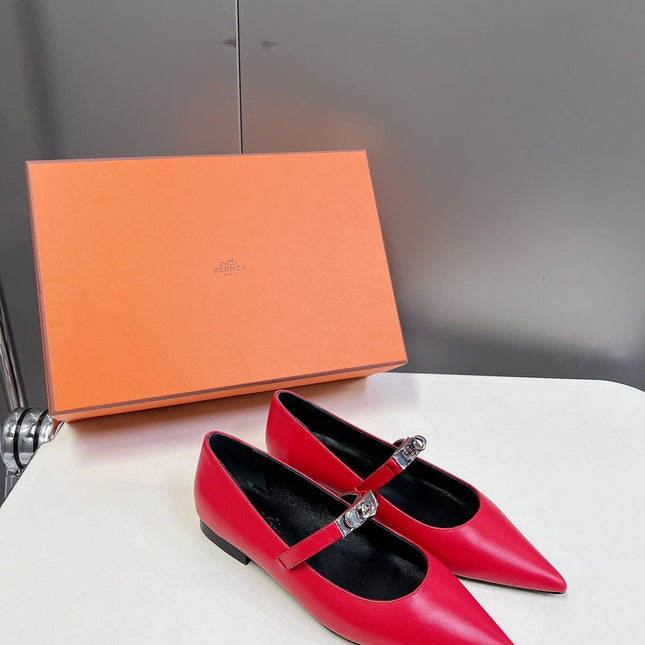 HM 26S KELLY BUCKLE MARY JANE POINTED FLATS IN RED CALFSKIN