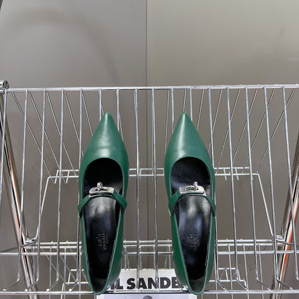 HM 26S MARY JANE POINTED TOE HEELS 40MM IN EMERALD GREEN CALFSKIN KELLY BUCKLE
