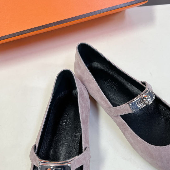 HM 26S KELLY BUCKLE MARY JANE POINTED FLATS IN TAUPE BROWN SUEDE