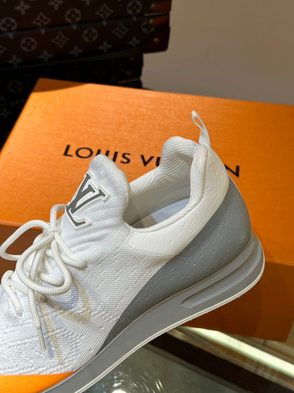 LV SNEAKERS IN GREY MIX WHITE MIX ORANGE CALFSKIN AND FABRIC BREATHABLE
