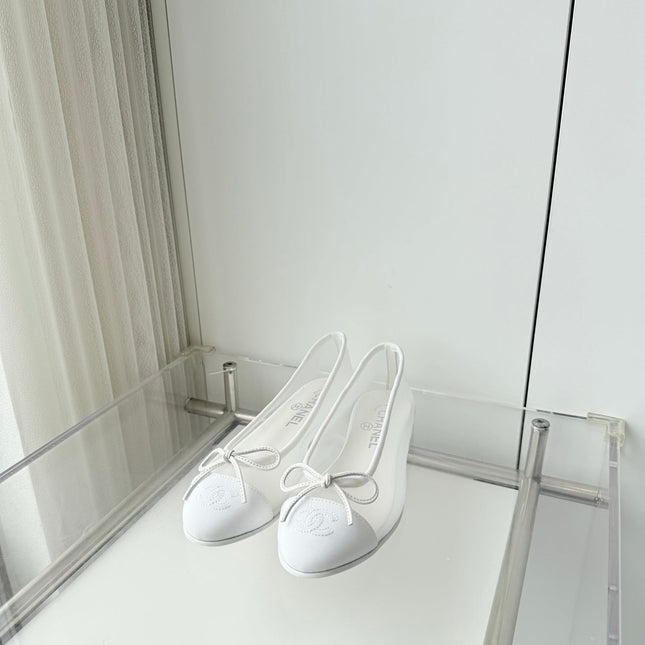 CHANEL 26S BALLET FLATS IN WHITE MESH TOE CAP AND BOW