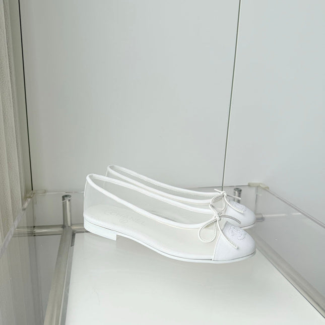CHANEL 26S BALLET FLATS IN WHITE MESH TOE CAP AND BOW