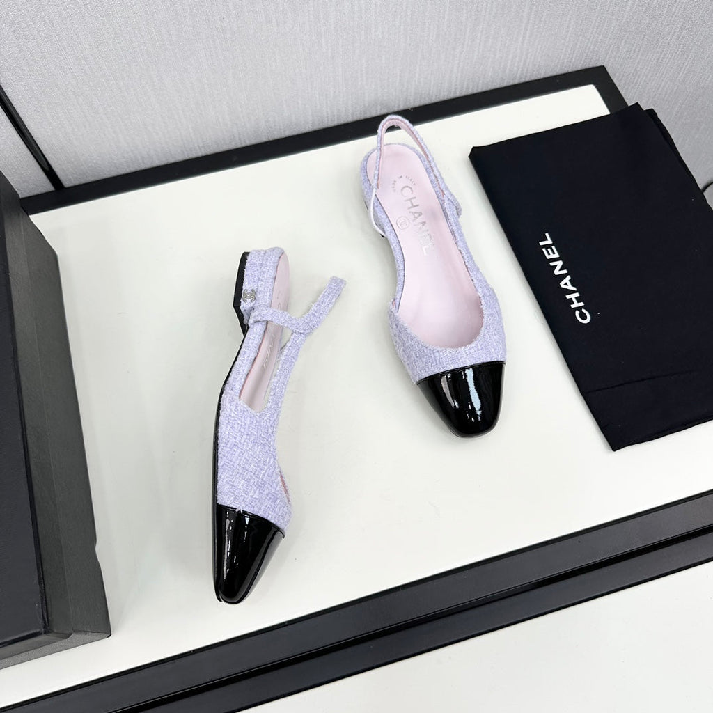SLINGBACK LIGHT BLUE TWEED AND BLACK CALFSKIN