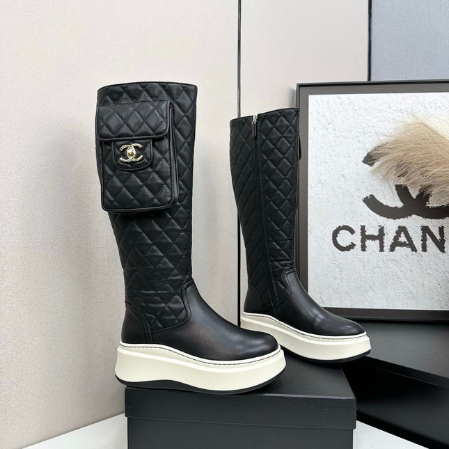 CHANEL 25S WEDGE KNEE-HIGH BOOTS IN BLACK CALFSKIN SILVER HARDWARE