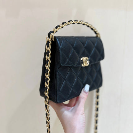 25S CHANEL TOTE CROSSBODY BAG 19 IN BLACK CALFSKIN WITH METAL HANDLE