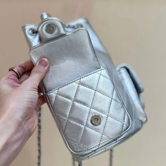 DRAWSTRING BUCKET BACKPACK 24 IN SILVER-TONE LAMBSKIN SILVER HARDWARE