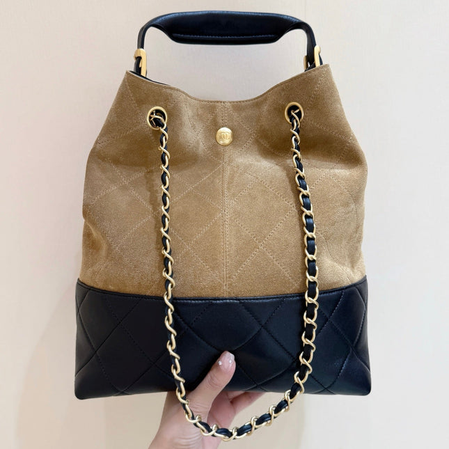 CHANEL 25S SHOPPING BAG 33 IN BROWN AND BLACK SUEDE CALFSKIN