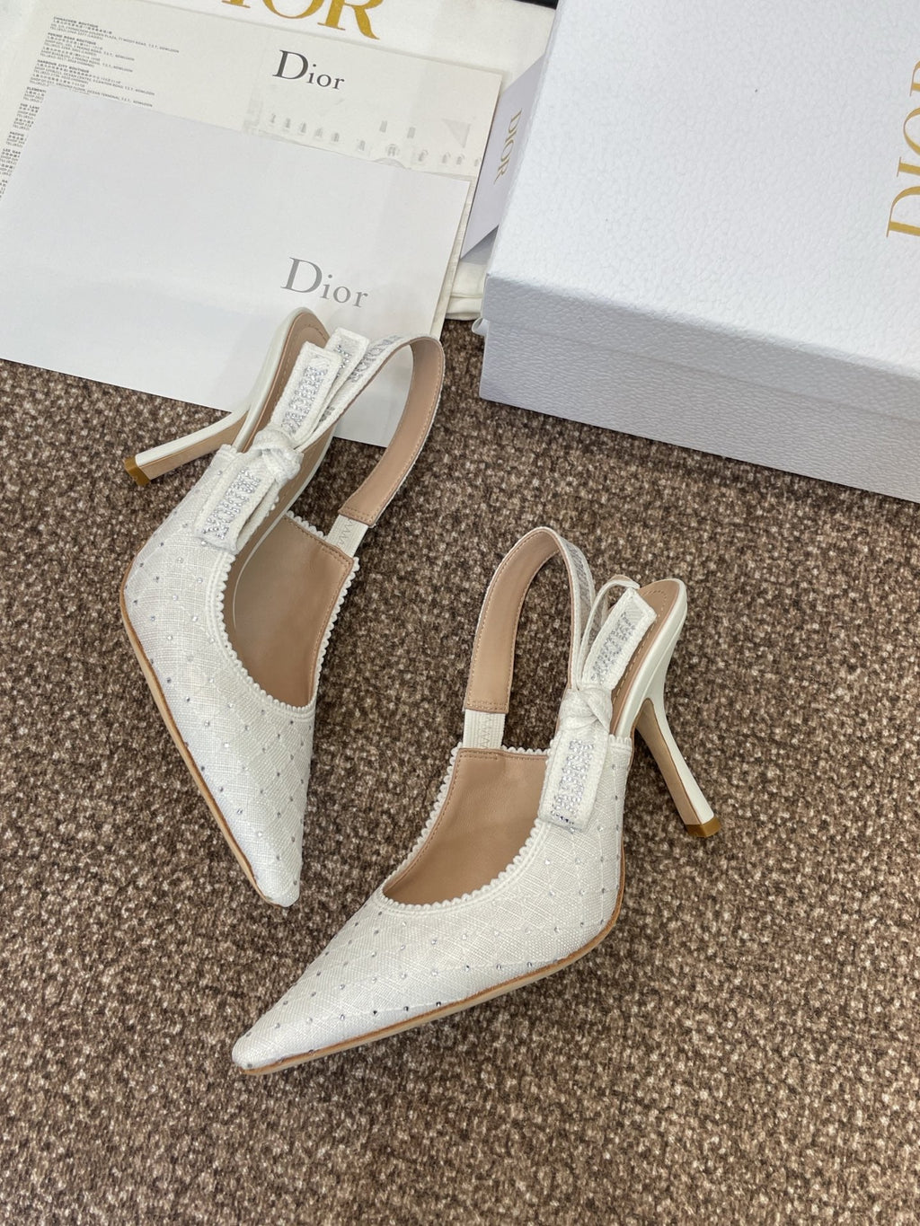 J'ADIOR SLINGBACK 25S PUMP 95MM IN WHITE FABRIC EMBOSSED CRYSTAL